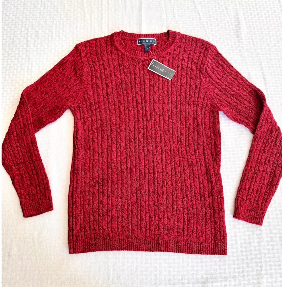 Karen Scott Red Cable Knit Cotton Sweater Large NWT 90028RD243